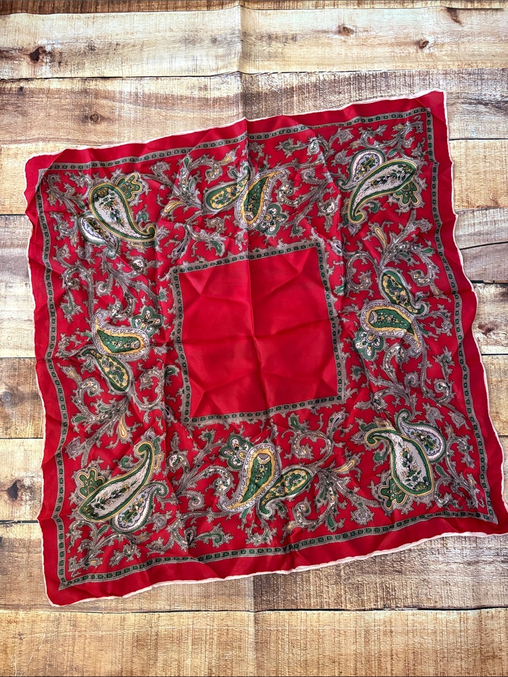 Vintage 1950s Red Paisley Silk Square Scarf with Green Accents - Unbranded
